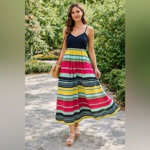Ann Taylor Pleated Striped with Straps Maxi Dress‎ 6